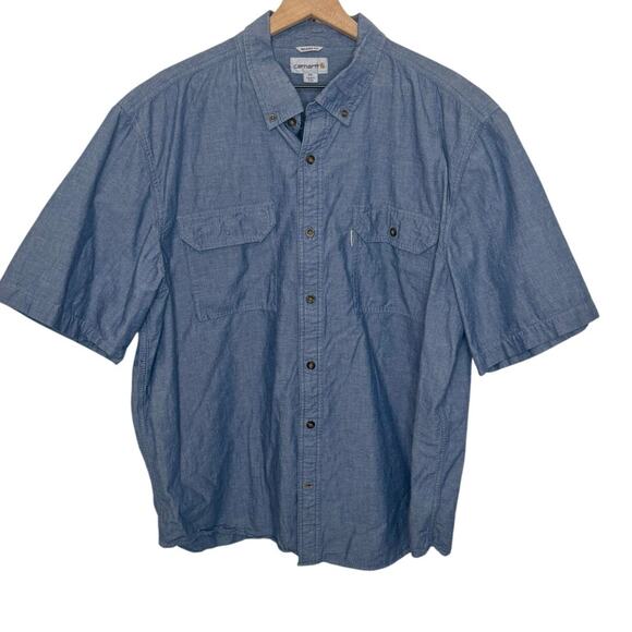 CARHARTT Men's 2XL Relaxed Fit 100% Cotton Short Sleeve Button Down Shirt Blue - Picture 1 of 7